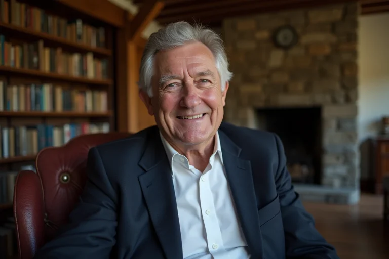 Portrait d'un acteur britannique distingué aux cheveux argentés dans un salon de campagne anglaise au style classique
