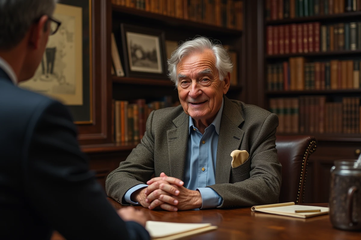 Acteur britannique senior en costume tweed assis dans un bureau élégant rempli de souvenirs théâtraux lors d'une interview