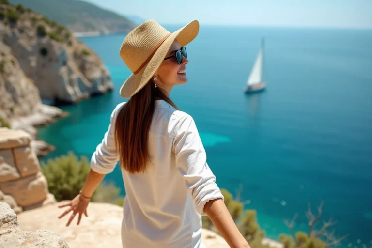 Femme en chapeau de paille admirant un panorama côtier turquoise depuis un belvédère rocheux lors d'un voyage de rêve