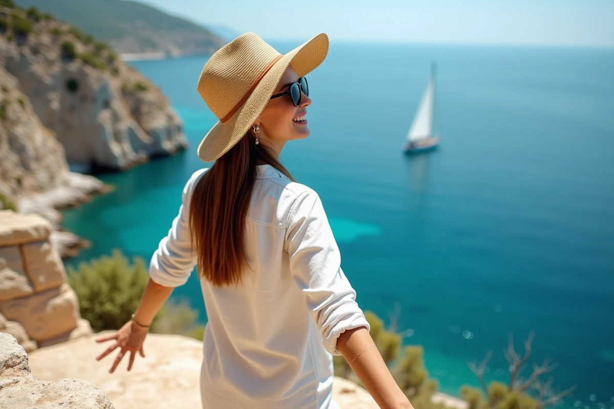 Femme en chapeau de paille admirant un panorama côtier turquoise depuis un belvédère rocheux lors d'un voyage de rêve