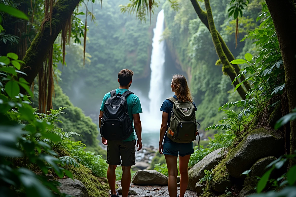 Couple de randonneurs découvrant une cascade tropicale dans la jungle lors d'une aventure nature en voyage