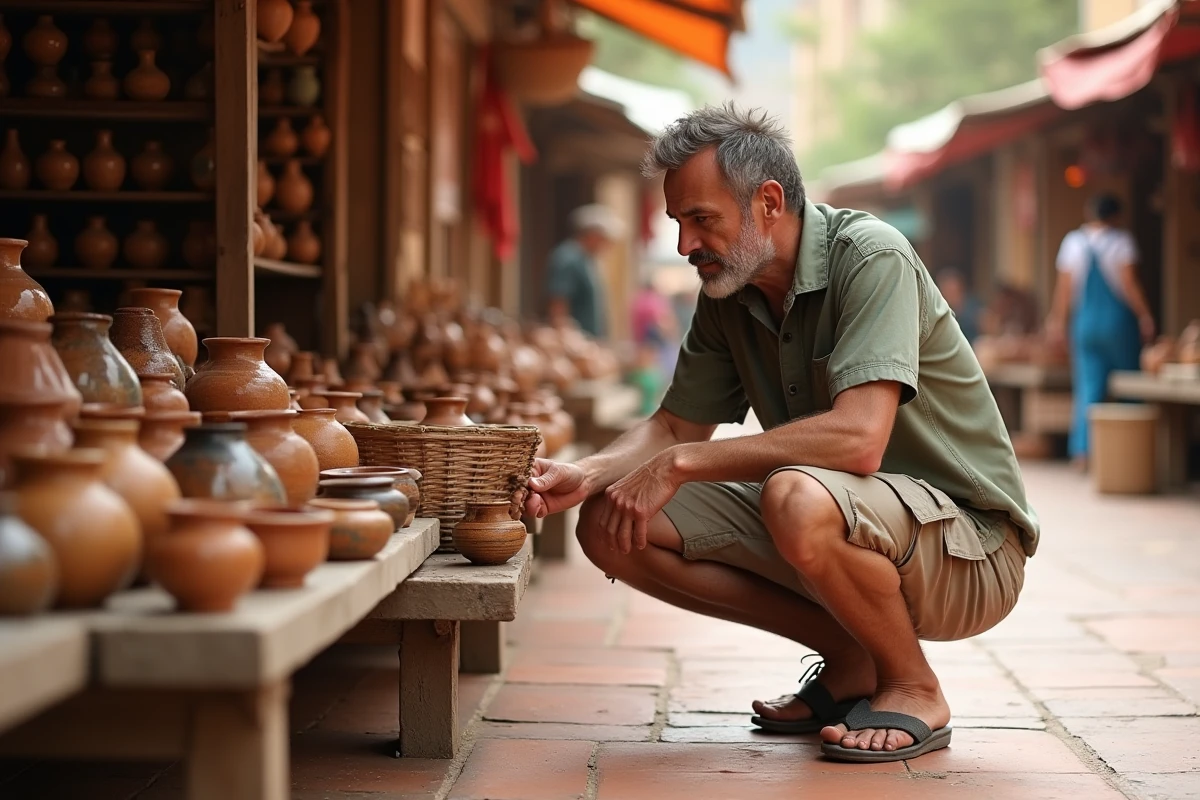 Voyageur découvrant des céramiques artisanales sur un marché traditionnel animé lors d'une escale culturelle