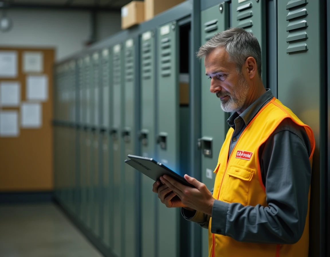 Agent postal consultant son planning sur une tablette via l'extranet GTM La Poste dans une salle de pause