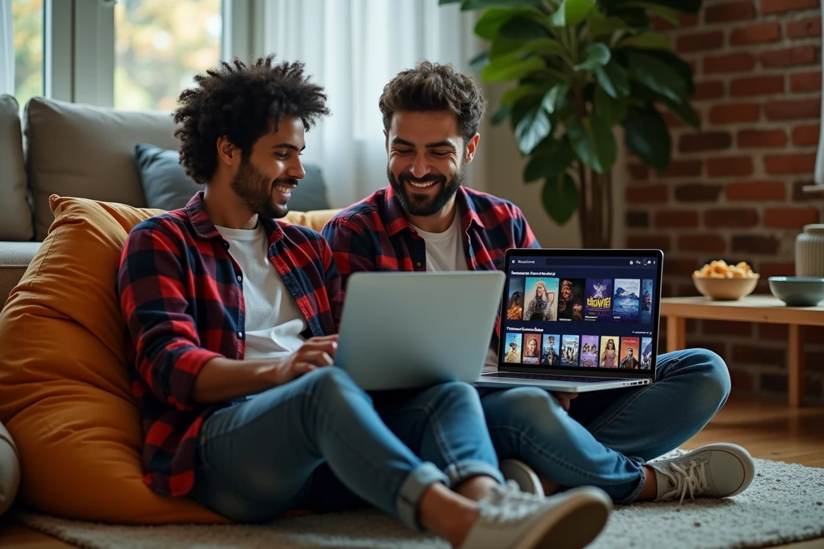 Deux amis consultant ensemble des alternatives de streaming gratuit pour séries sur un ordinateur portable