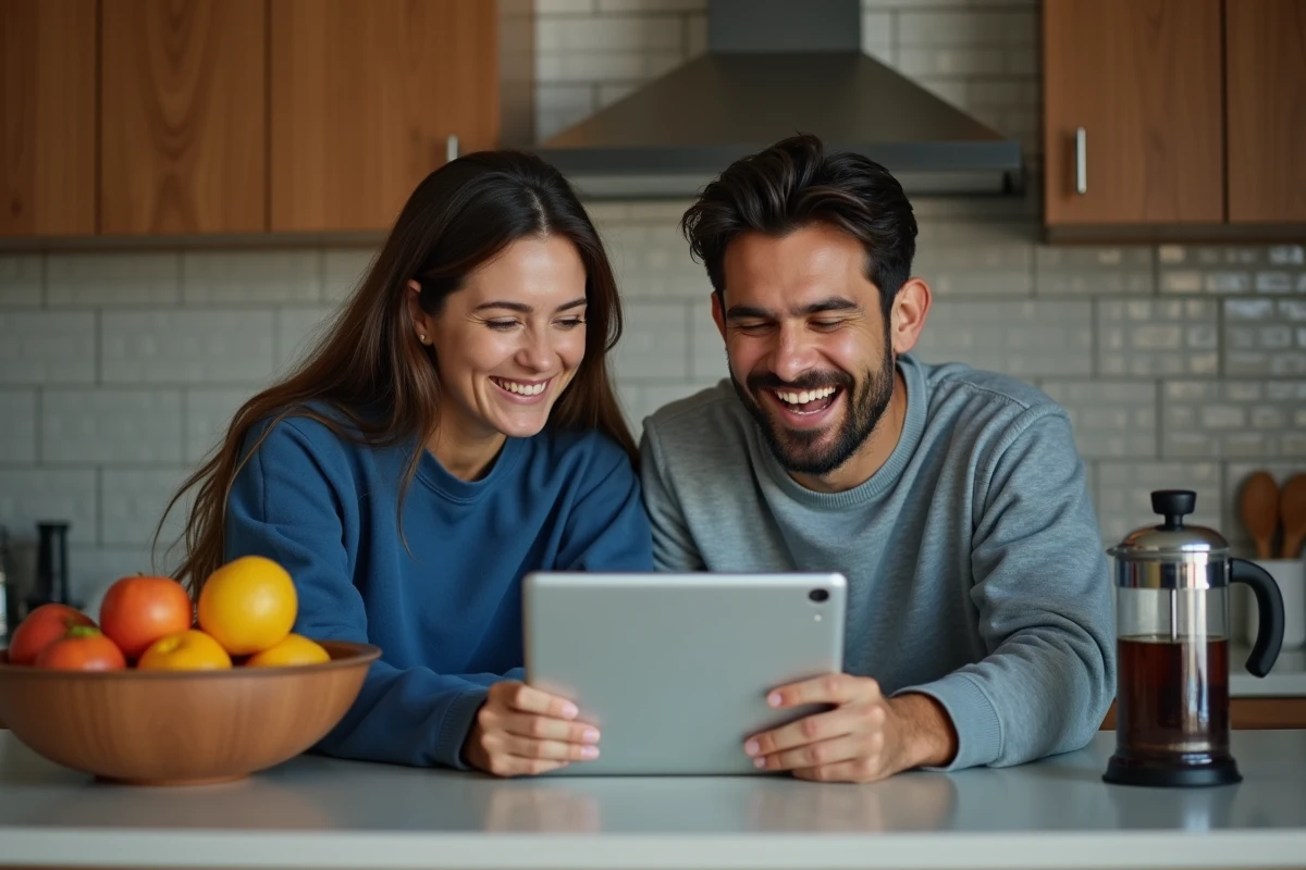 Deux amis regardant un match en streaming sur une tablette dans une cuisine moderne