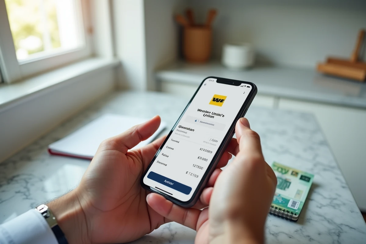 Mains d'un homme utilisant l'application mobile Western Union pour calculer les frais d'un virement international