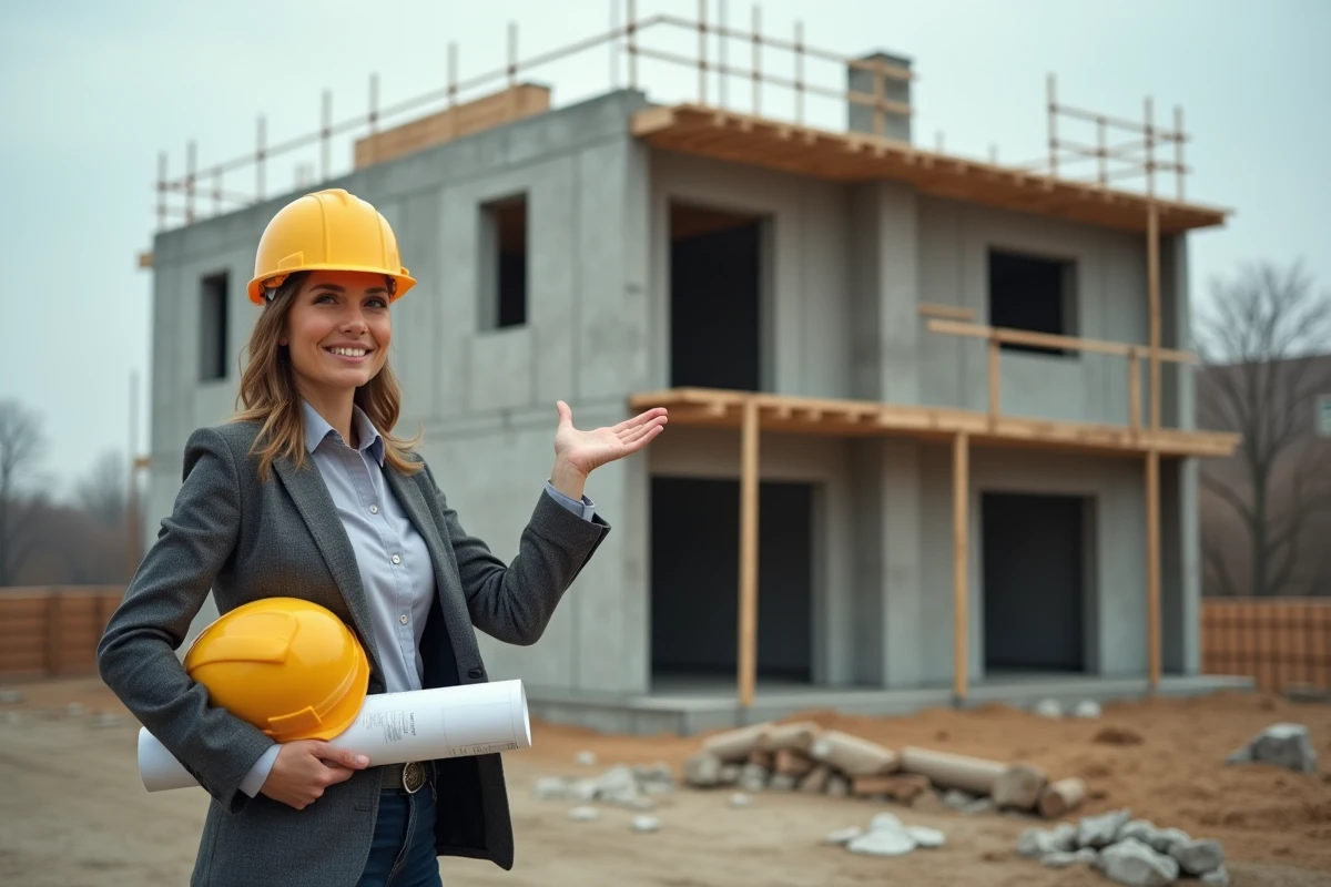 Architecte femme en visite sur un chantier de construction résidentielle supervisant l'avancement des travaux