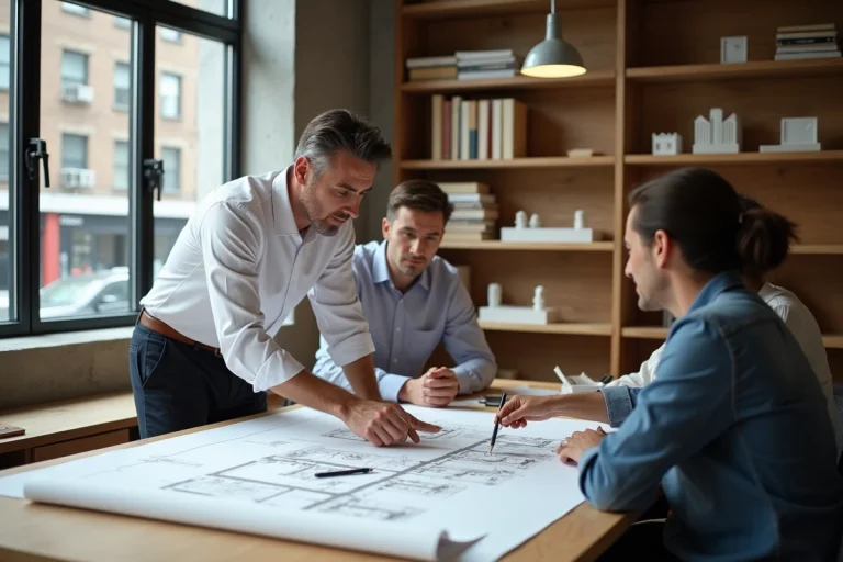 Architecte expert présentant des plans de construction à un couple lors d'une consultation en cabinet d'architecture