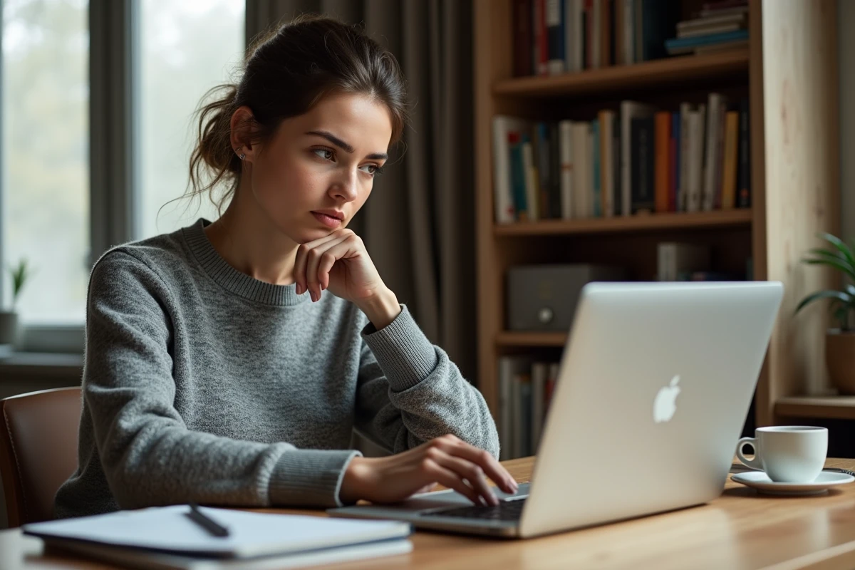 Femme lisant des avis clients négatifs sur un ordinateur portable dans un bureau à domicile, expression de scepticisme réfléchi