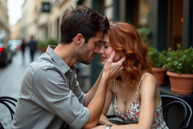 Couple amoureux partageant un baiser tendre dans un café parisien, l'homme exprimant ses sentiments en effleurant doucement le visage de sa partenaire