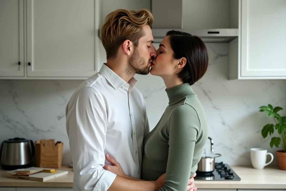 Couple s'embrassant tendrement dans une cuisine moderne lors d'un dimanche matin, illustrant l'expression des sentiments amoureux dans l'intimité du quotidien