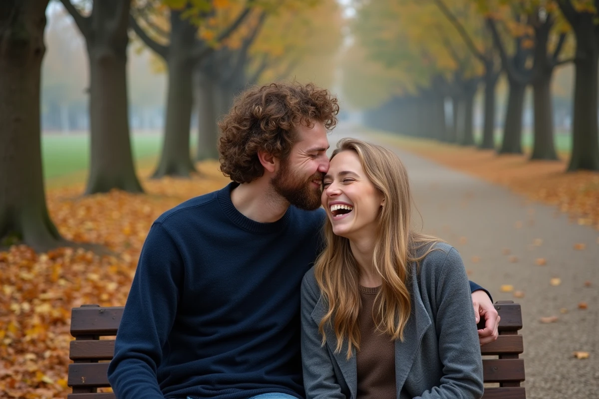 Homme barbu embrassant tendrement la joue d'une femme souriante sur un banc dans un parc en automne, capturant un moment de complicité amoureuse sincère