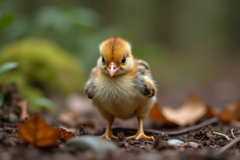 Bébé faisan nouvellement éclos avec duvet brun rayé posé sur des feuilles mortes en forêt