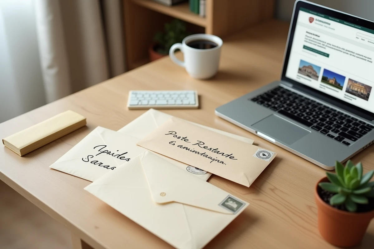 Bureau avec enveloppes, étiquette poste restante manuscrite et ordinateur portable montrant un site administratif français