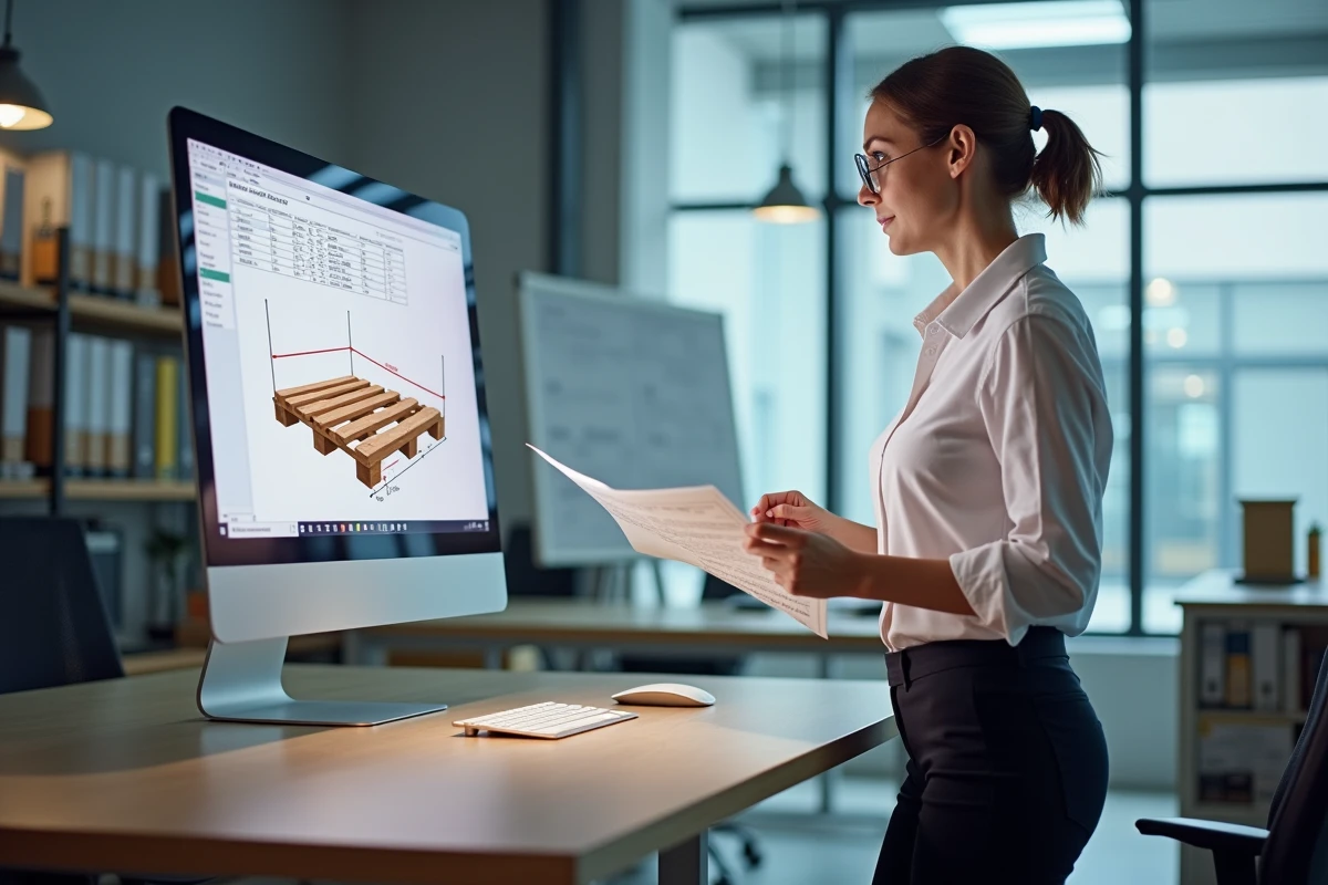 Responsable logistique calculant le volume en mètres cubes d'une palette sur un tableur informatique dans un bureau moderne