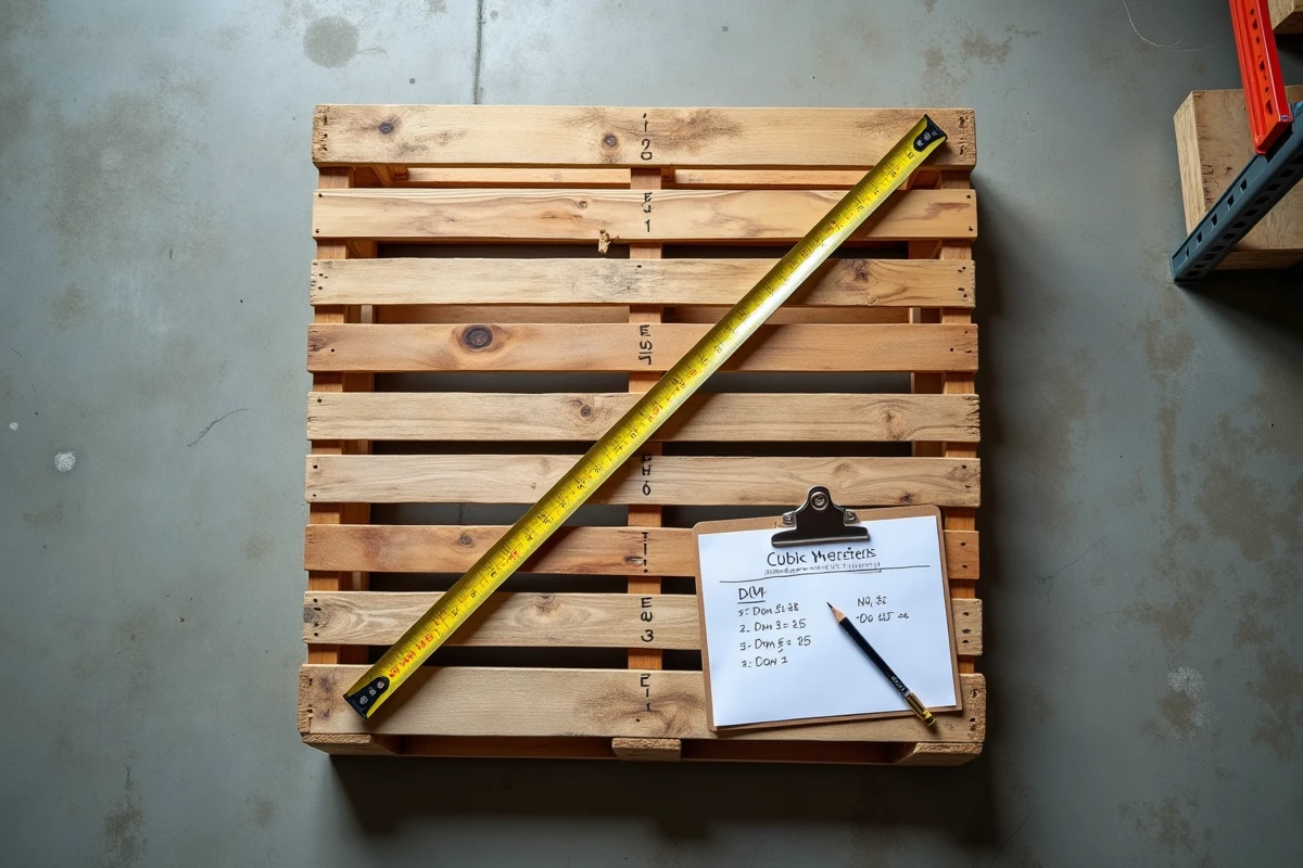 Vue de dessus d'une palette en bois avec mètre ruban et fiche de calcul de volume en mètres cubes