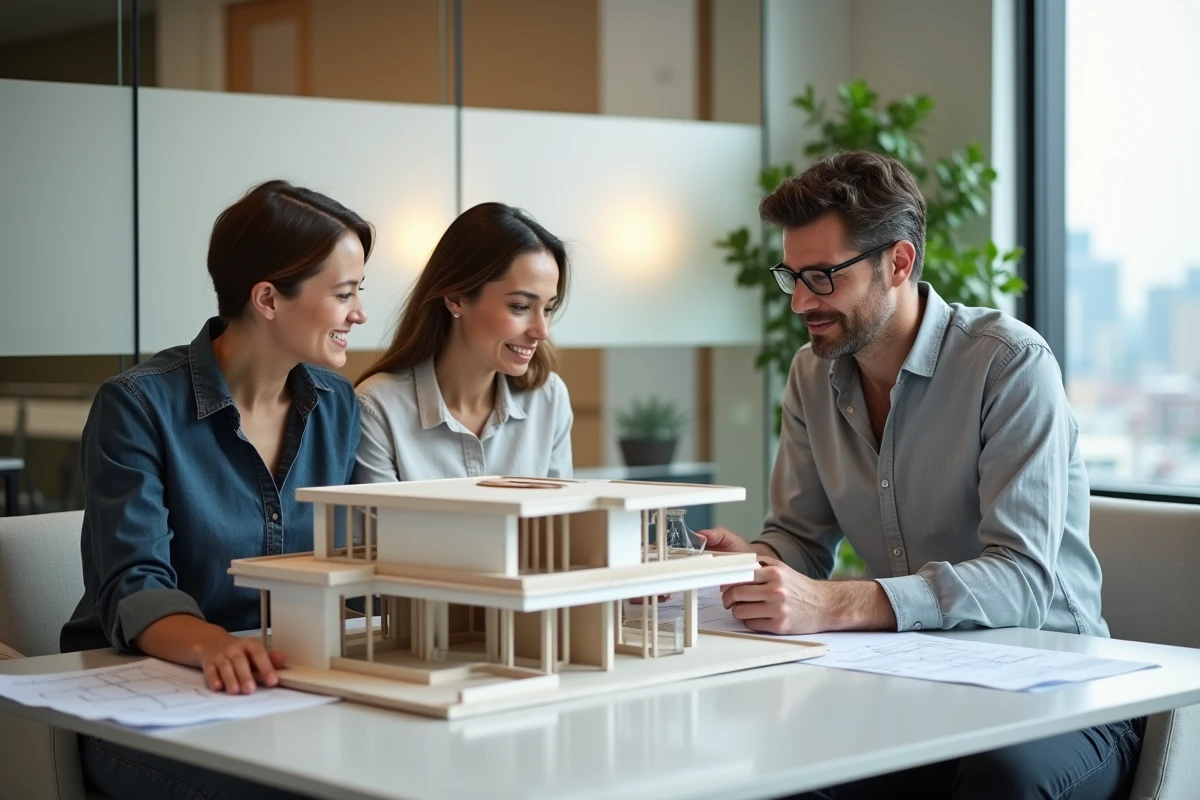 Couple de clients examinant une maquette architecturale 3D lors d'une réunion de projet immobilier avec un architecte