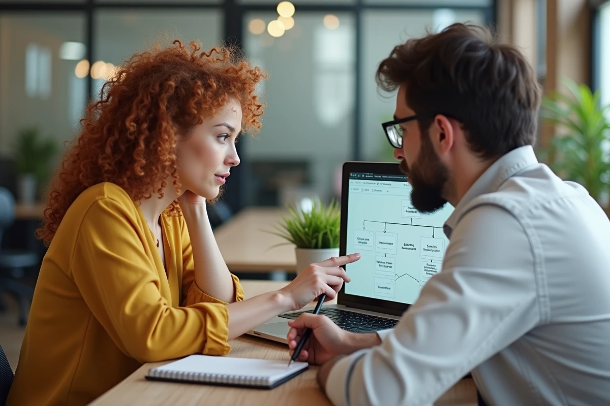 Deux collègues consultant un sitemap de navigation web sur un ordinateur portable dans un espace de coworking