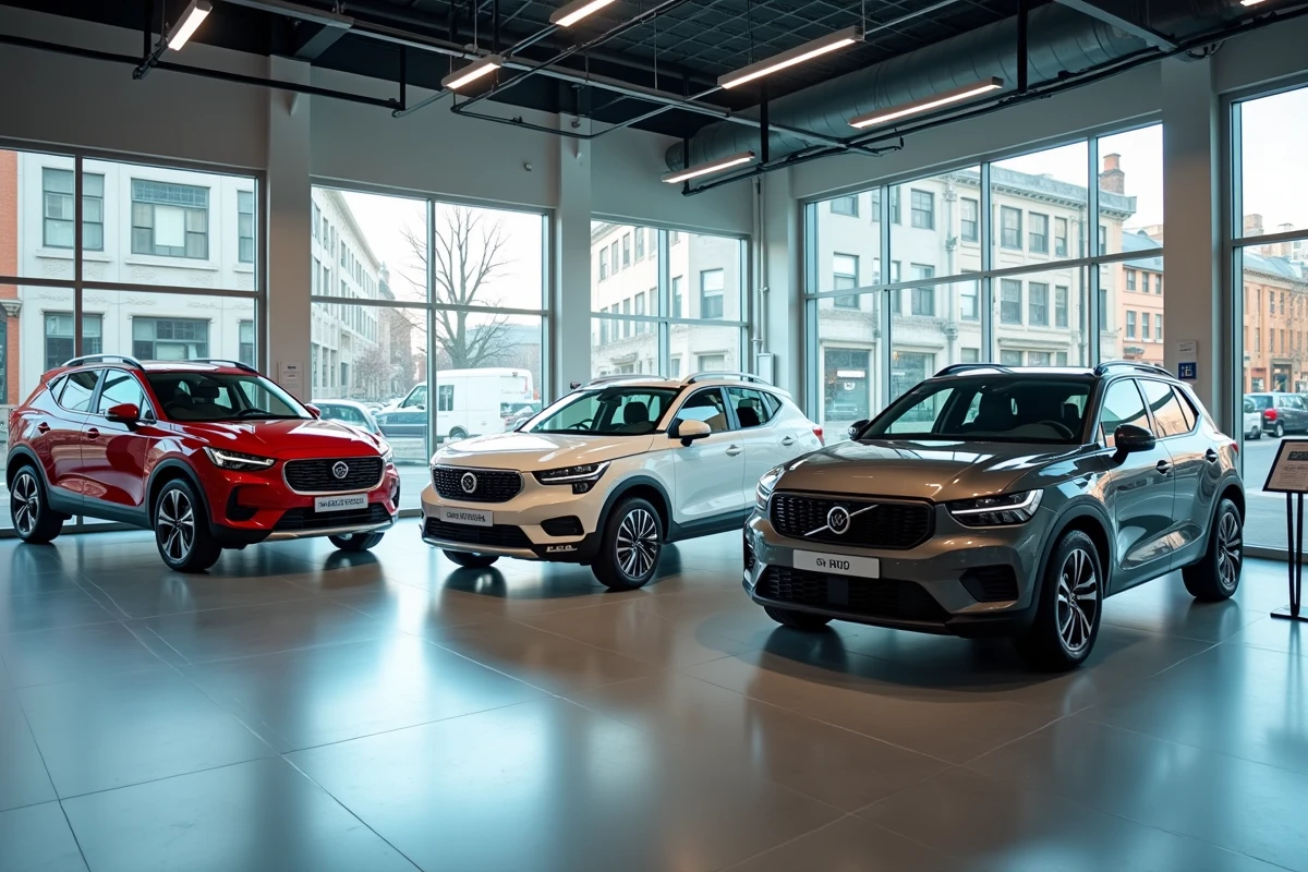 Salle d'exposition d'un concessionnaire automobile urbain avec plusieurs modèles de voitures neuves exposées