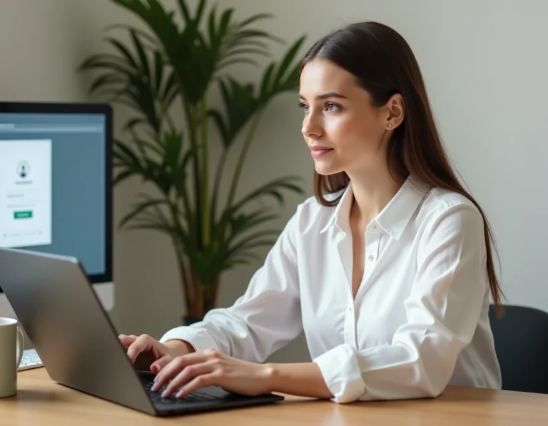 Femme professionnelle se connectant à un service en ligne sur son ordinateur portable dans un bureau à domicile moderne