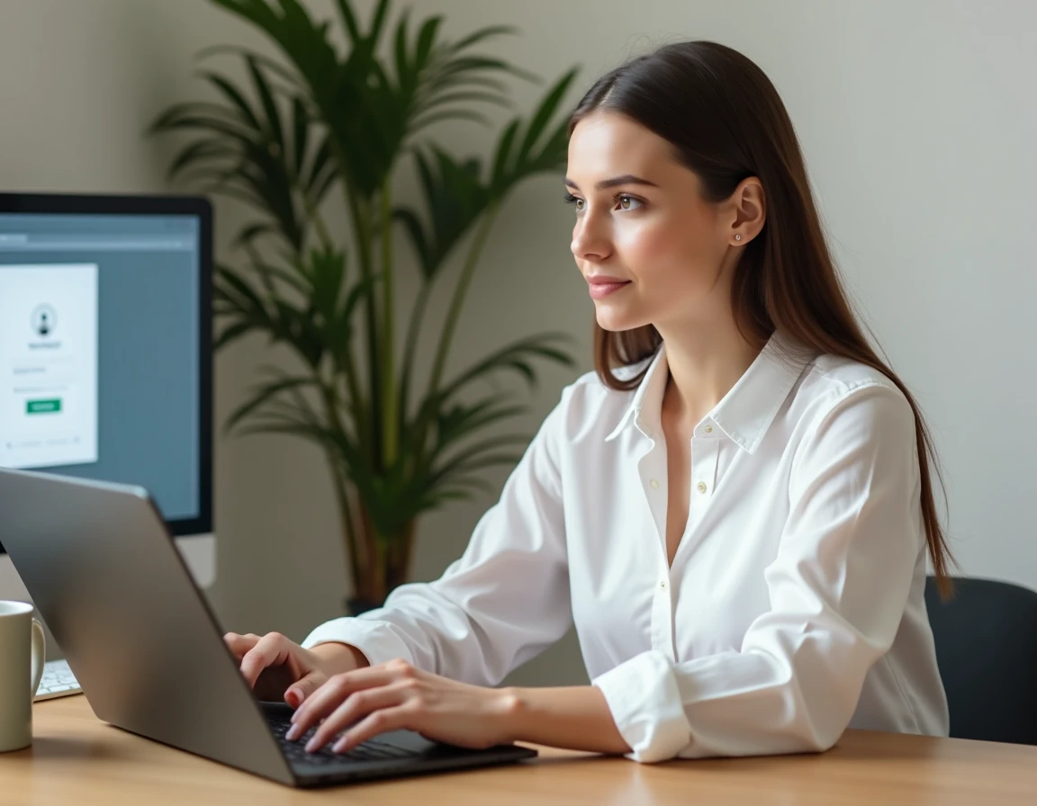 Femme professionnelle se connectant à un service en ligne sur son ordinateur portable dans un bureau à domicile moderne