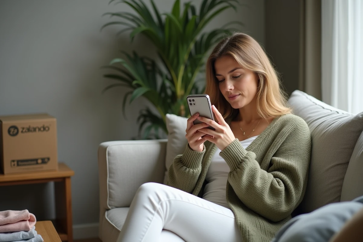 Femme consultant le formulaire de retour Zalando sur smartphone avec un colis ouvert à côté d'elle dans un salon