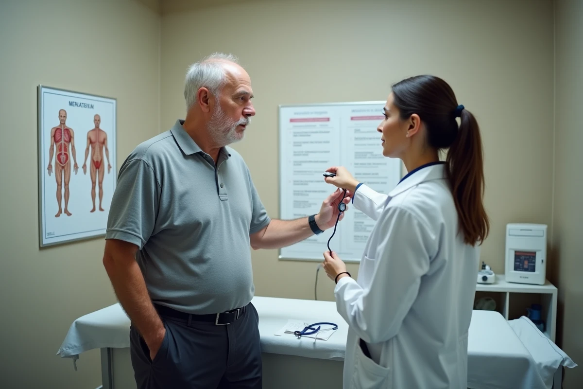 Homme obèse en consultation médicale avec une médecin examinant un bilan de santé, représentant les facteurs de risque cardiovasculaires et métaboliques du diabète de type 2