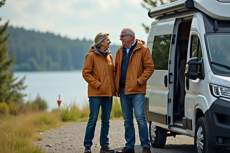 Couple souriant devant un van moderne au bord du lac