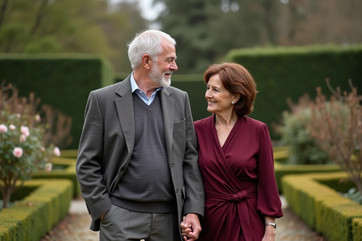 Couple élégant de seniors dans un jardin anglais soigné, évoquant une longue vie commune et une complicité naturelle