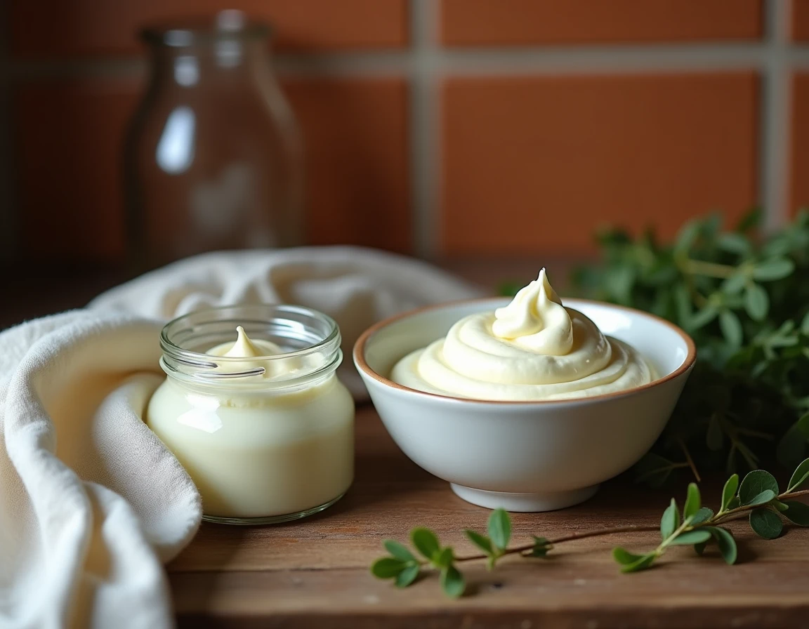 Bol de crème fraîche et pot de mascarpone côte à côte sur un plan de travail en bois rustique, comparaison des deux ingrédients laitiers