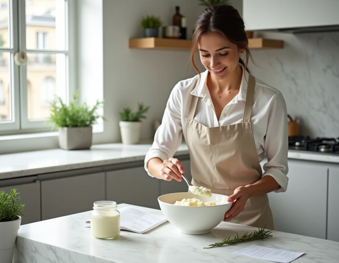 Cuisinière ajoutant du mascarpone dans un bol sur un plan de travail en marbre avec de la crème fraîche et une fiche recette à proximité