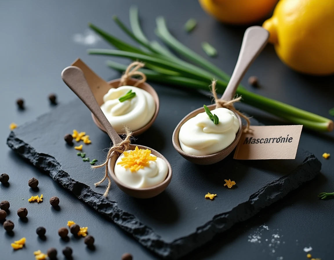 Deux cuillères de dégustation présentant de la crème fraîche et du mascarpone sur une ardoise avec des étiquettes explicatives