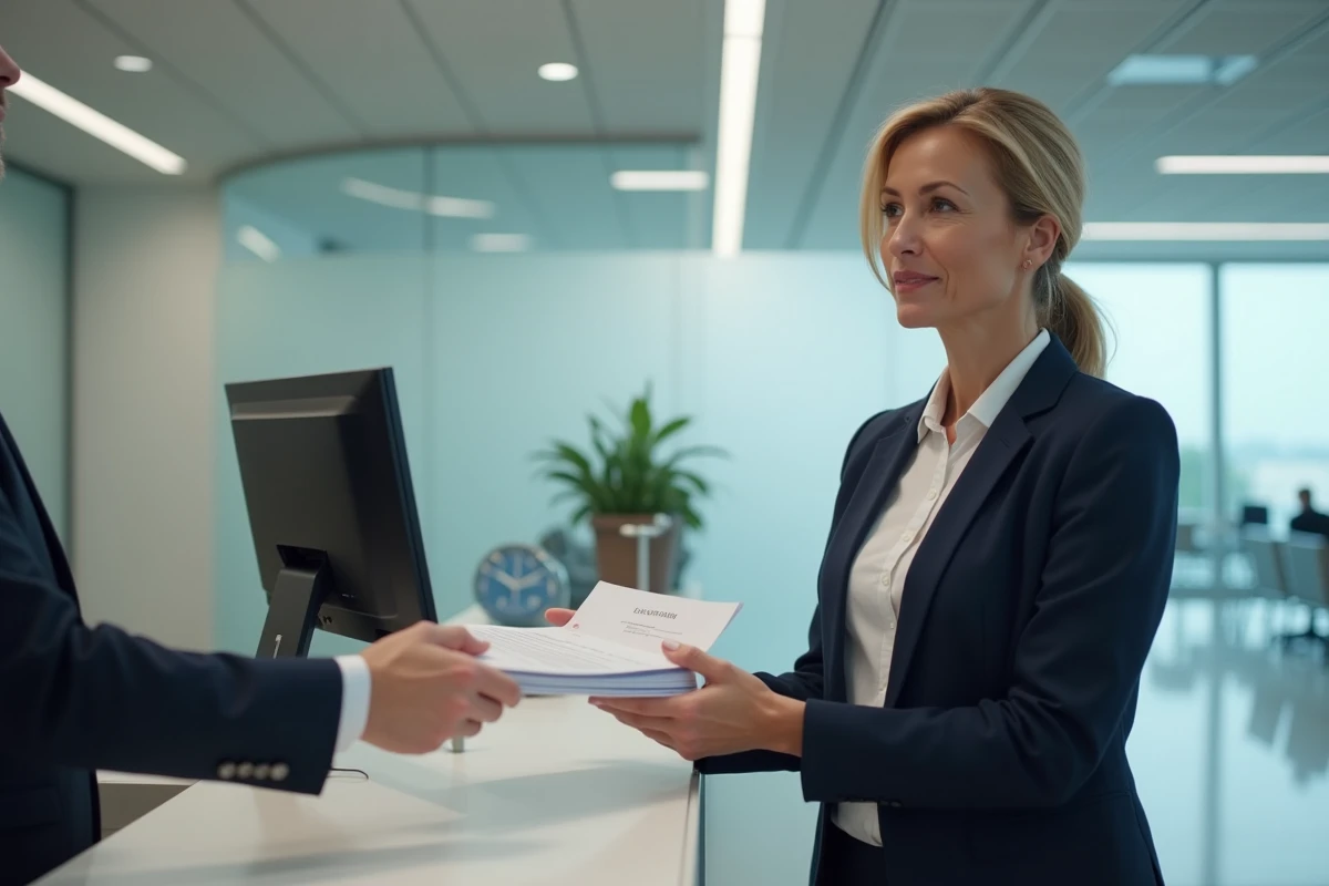Femme déposant un justificatif d'absence pour empêchement familial dans un bureau administratif