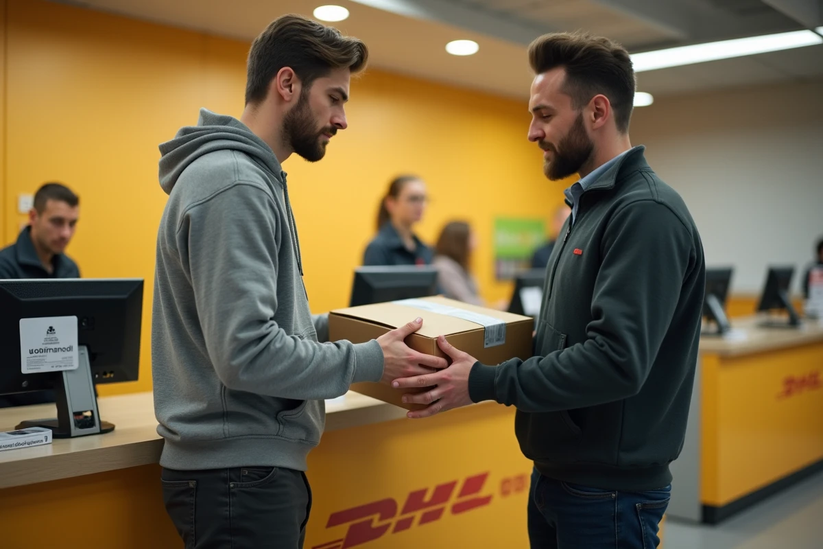 Homme déposant un colis de retour Zalando au comptoir d'un bureau de poste avec un employé en uniforme