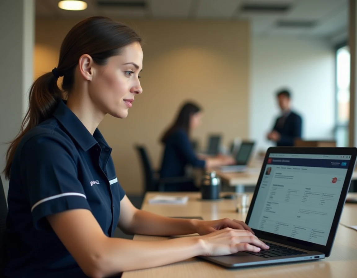 Employée de La Poste consultant l'extranet GTM sur un ordinateur portable dans un bureau professionnel