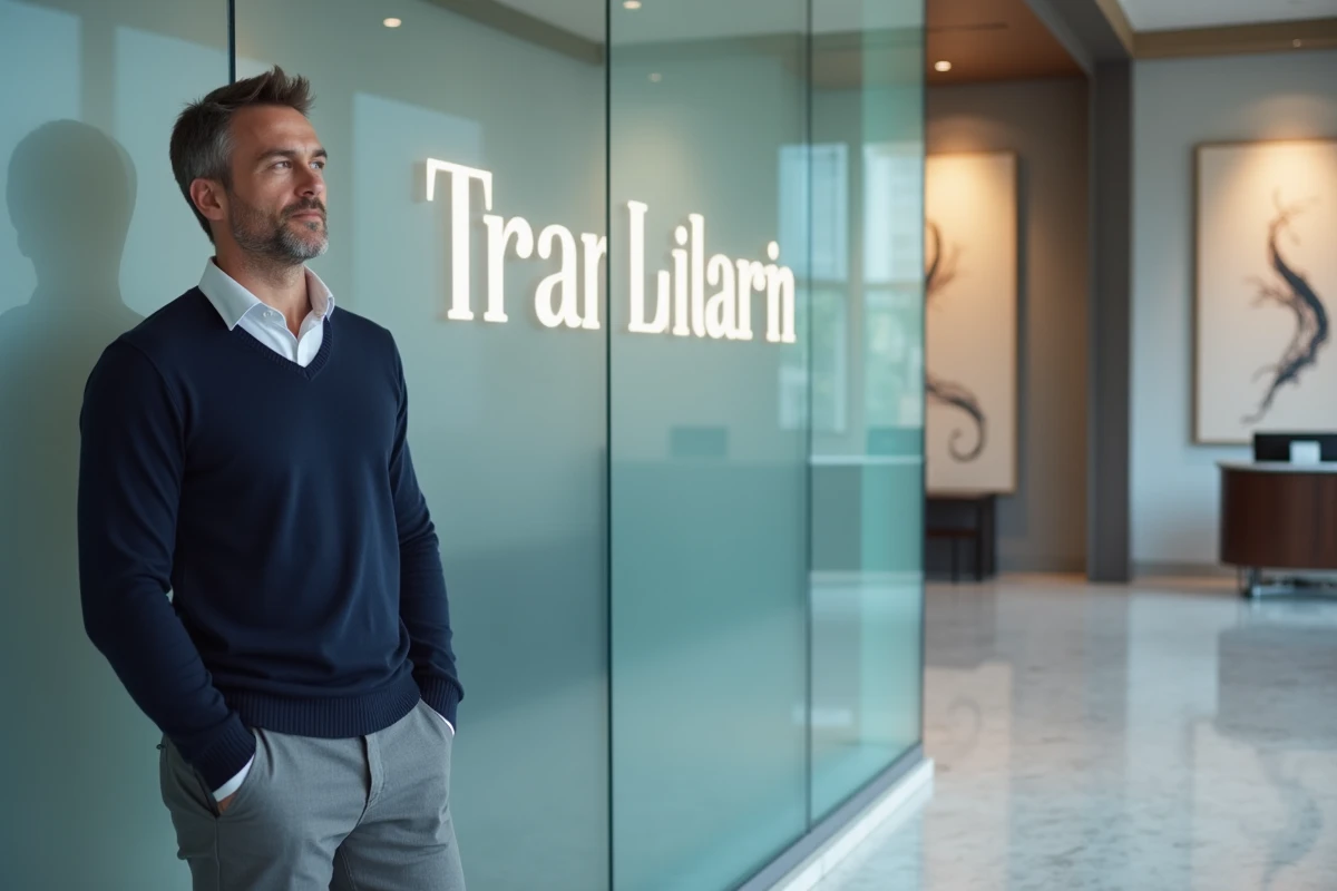 Un entrepreneur se tenant devant un nouveau panneau de marque en lobby d'entreprise après un changement de nom officiel