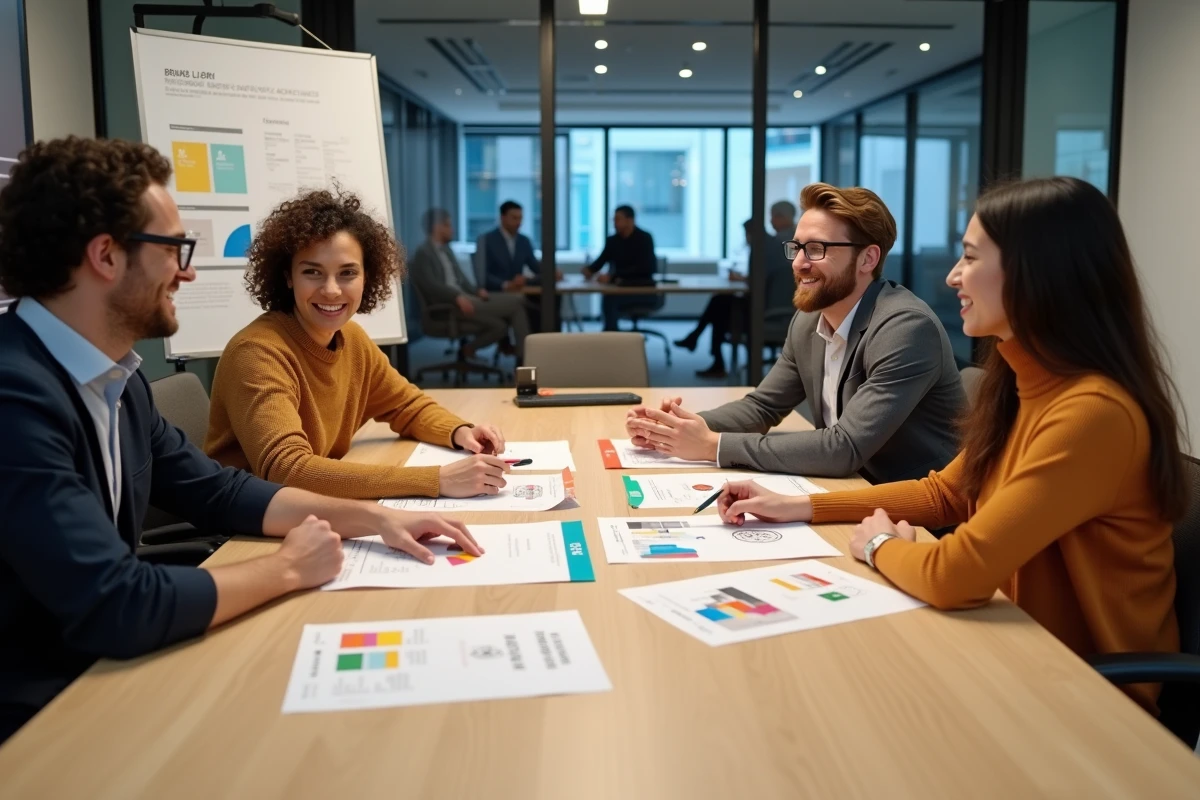 Une équipe professionnelle réunie en réunion pour discuter du rebranding et du changement de nom d'une entreprise