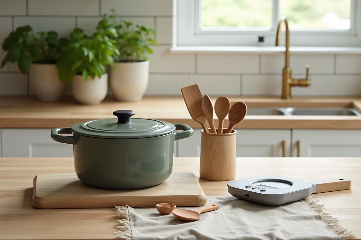 Sélection d'équipements de cuisine essentiels disposés sur un plan de travail en bois clair avec fond neutre