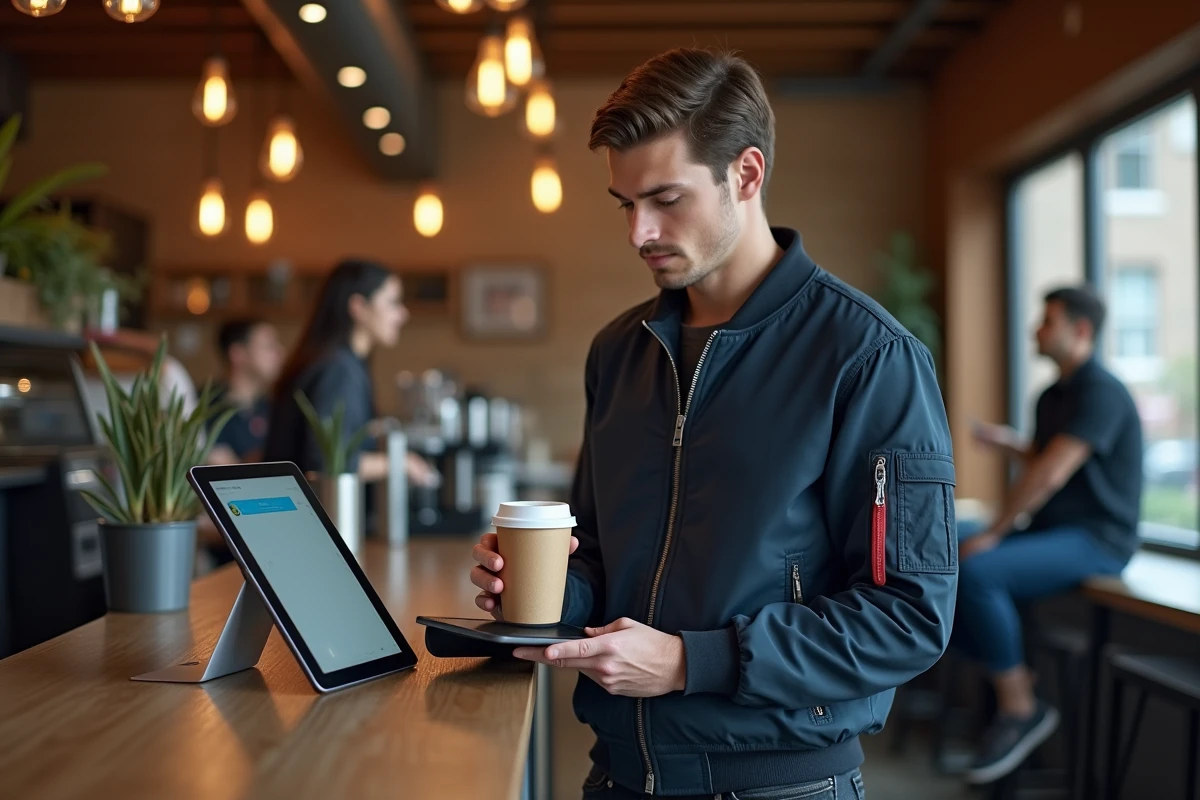 Étudiant comparant les applications Unidays et Student Beans sur une tablette dans un café universitaire