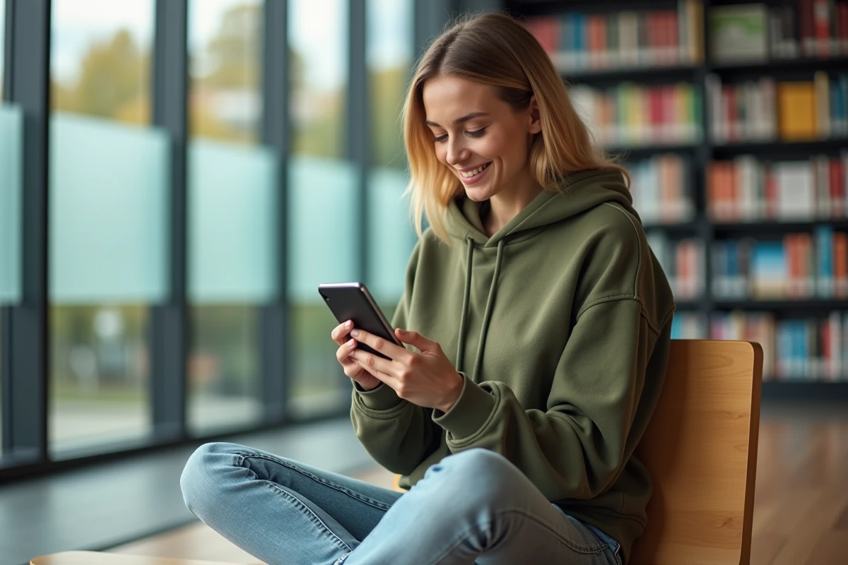 Étudiante consultant une application de réductions sur son smartphone dans une bibliothèque universitaire moderne