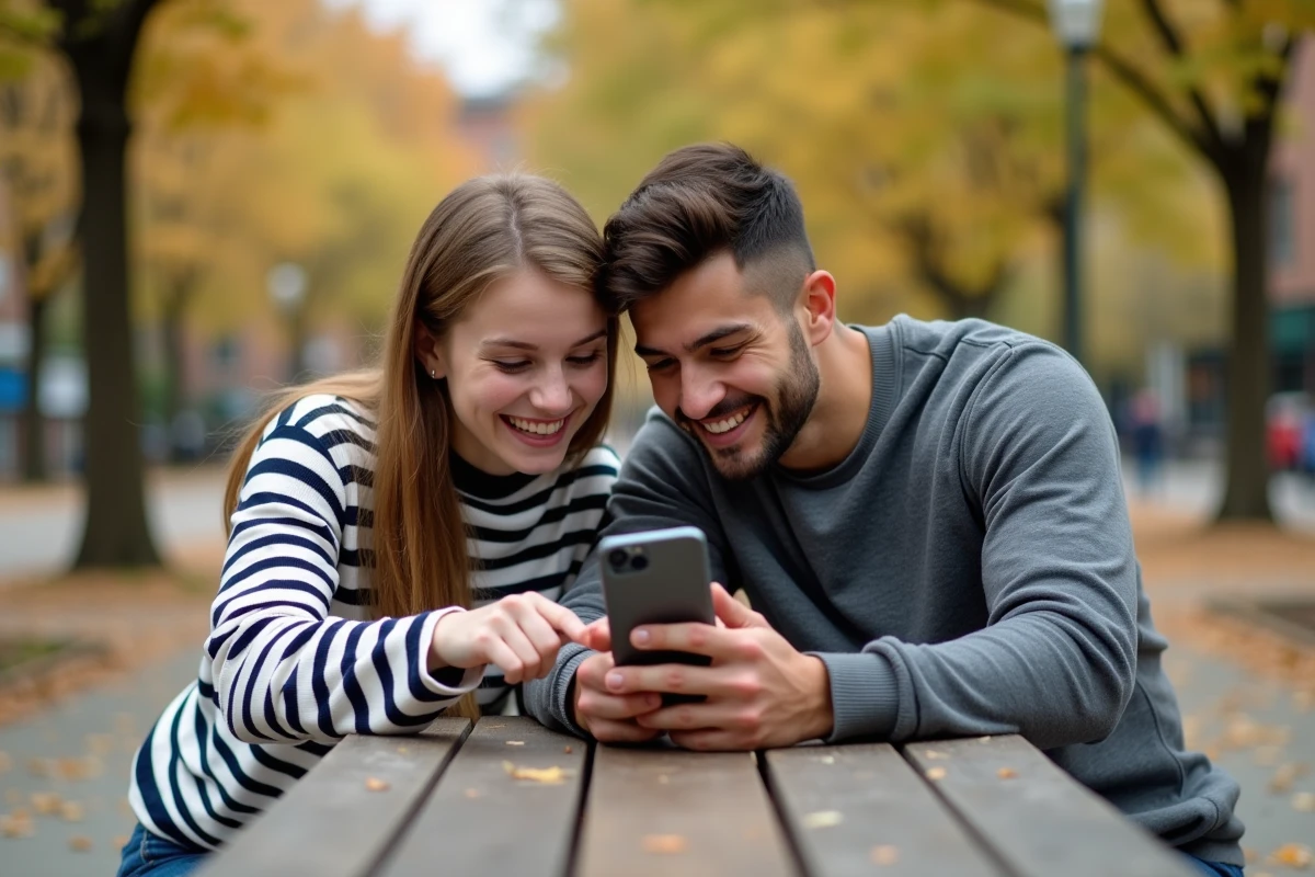 Deux étudiants consultant une application de réductions étudiants ensemble sur un campus universitaire en automne