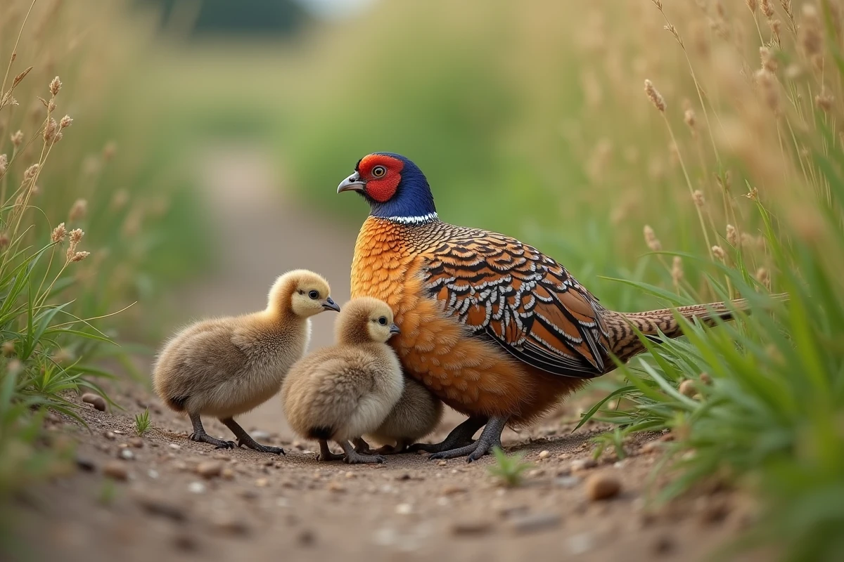 Femelle faisan accompagnée de ses poussins à différents stades de développement sur un chemin de campagne