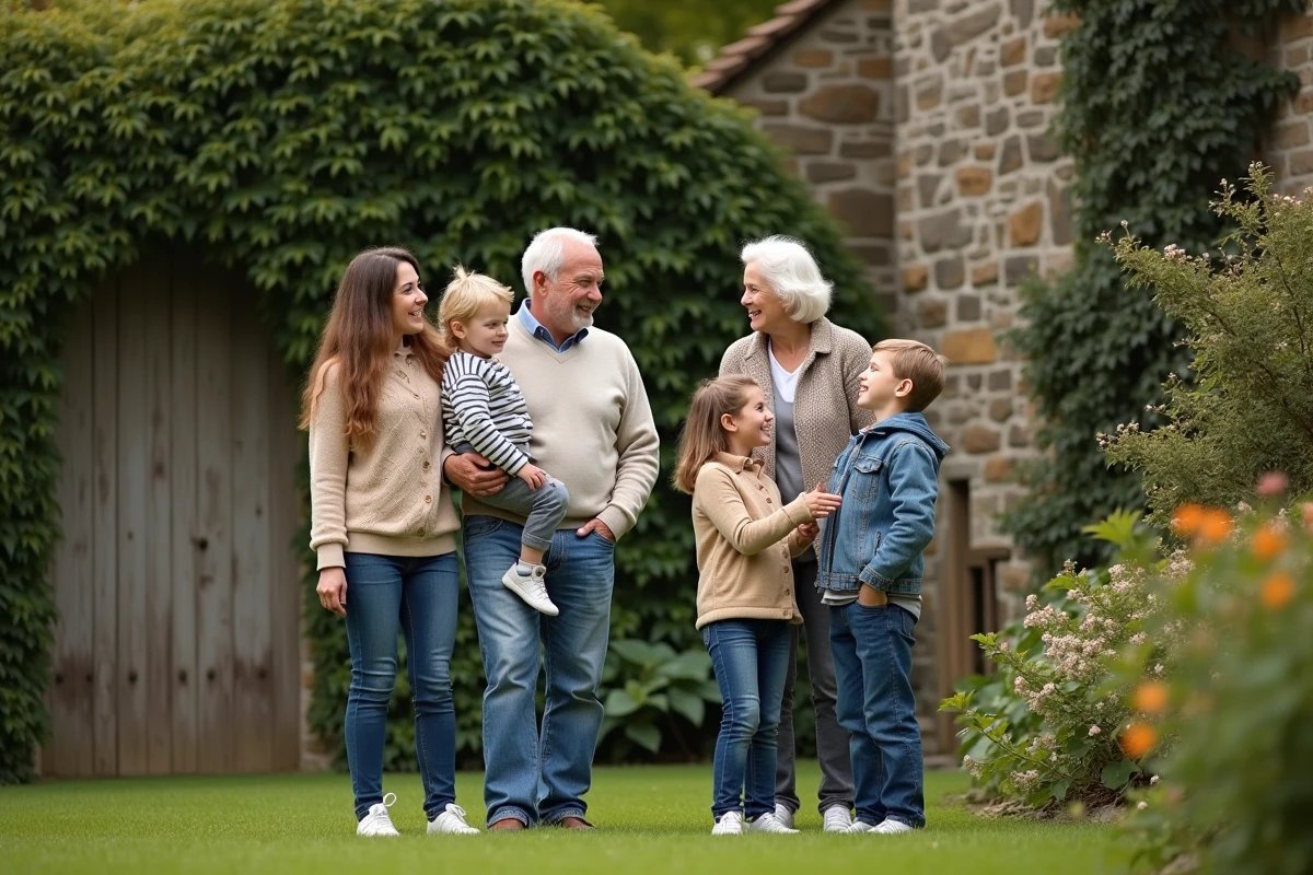Famille multigenerations dans un jardin avec mur en pierre