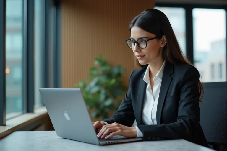 Femme d'affaires concentrée analysant des graphiques numériques