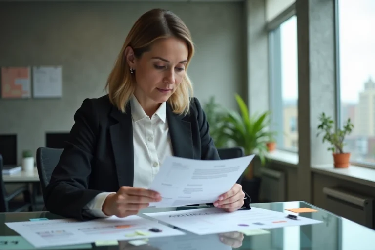 Une femme d'affaires examine des maquettes de rebranding dans un bureau moderne, illustrant le changement de nom d'une entreprise
