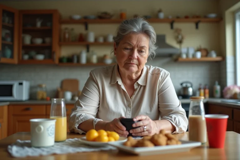 Femme d'âge mûr tenant un lecteur de glycémie dans une cuisine avec des aliments sucrés, illustrant les facteurs de risque du diabète liés à l'alimentation