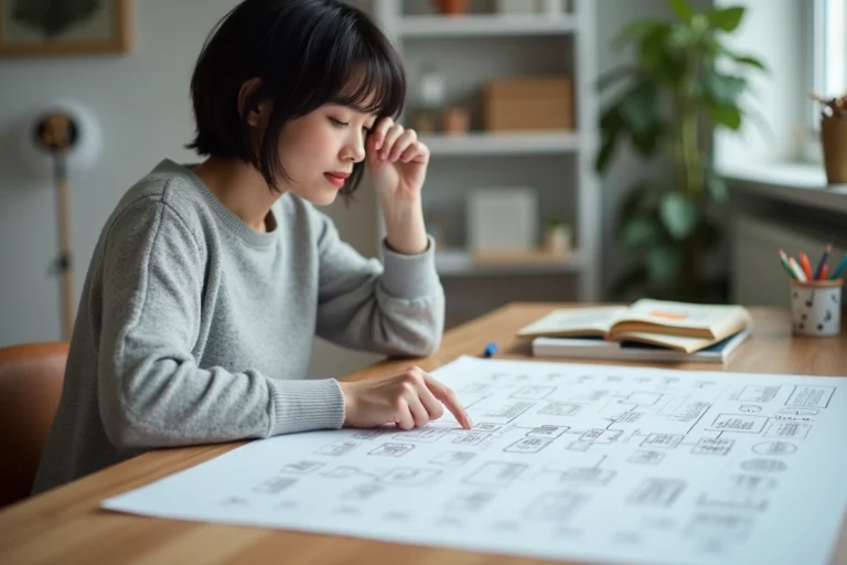 Femme analysant un plan de sitemap imprimé sur un bureau en bois pour optimiser la navigation d'un site web