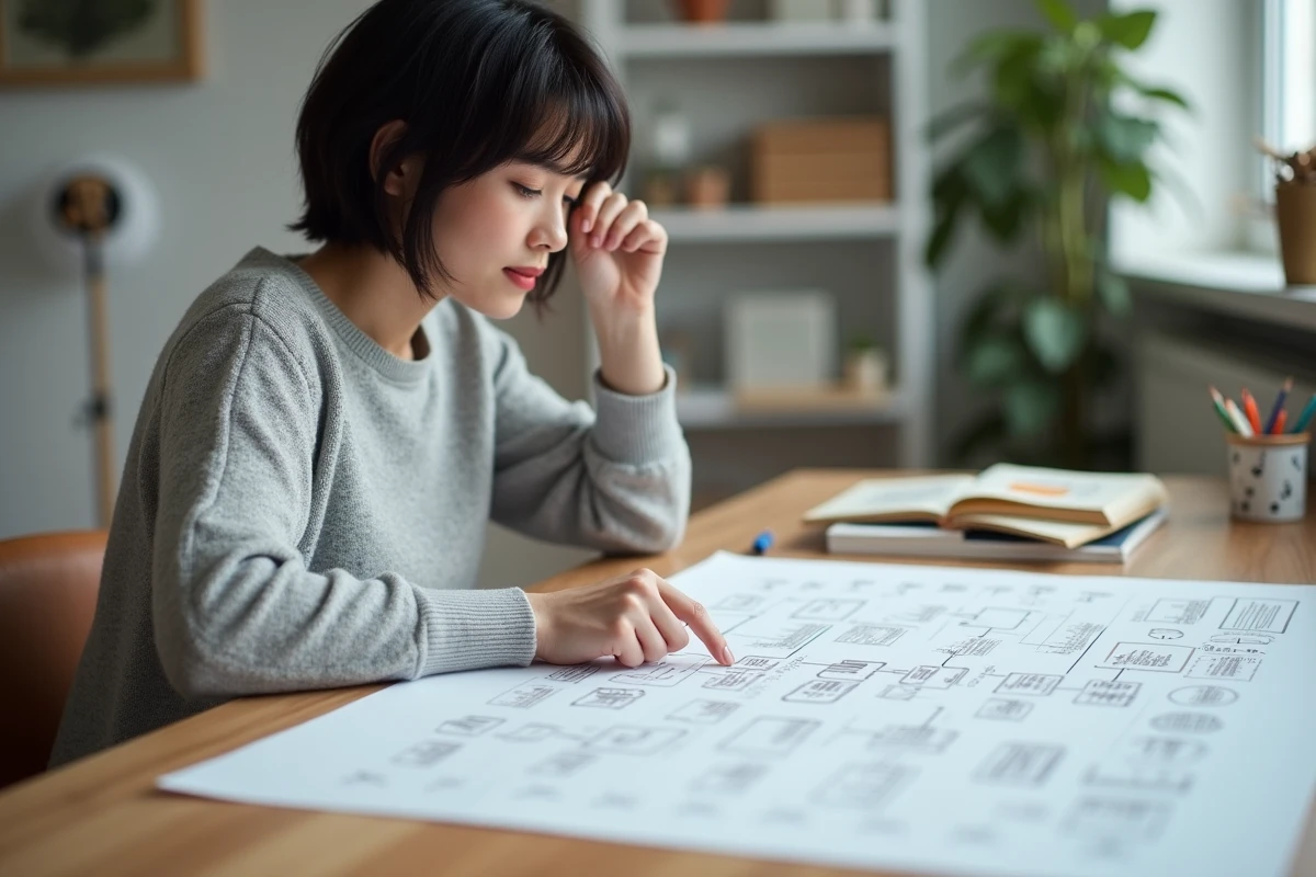 Femme analysant un plan de sitemap imprimé sur un bureau en bois pour optimiser la navigation d'un site web
