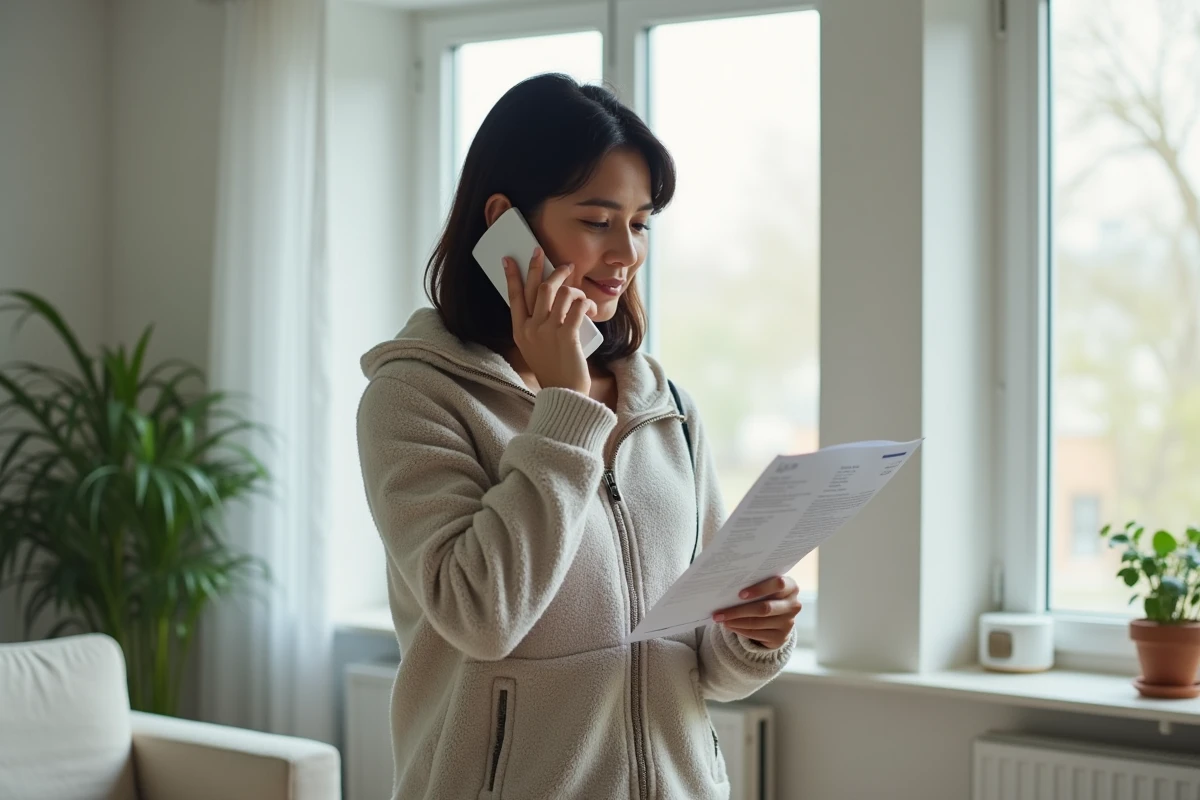 Femme tenant une facture Damart et appelant le service client par téléphone depuis son salon