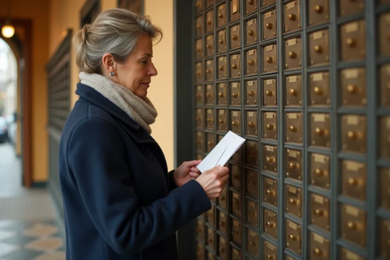Femme devant des boîtes postales numérotées dans un bureau de poste français, tenant une enveloppe